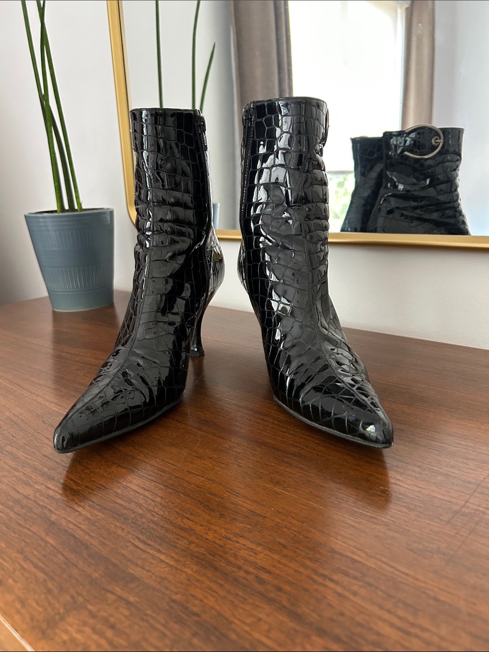 Stuart Weitzman Black Croc-Embossed Pointed Toe Ankle Boots